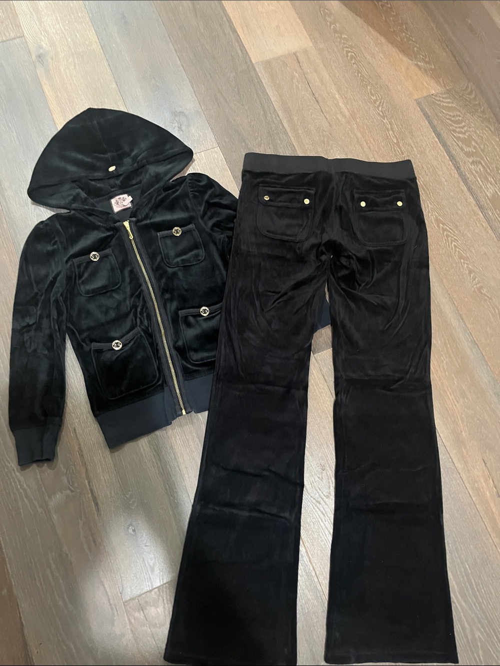 Juicy Couture Black Velour Hoodie & Pants Set with Gold Hardware